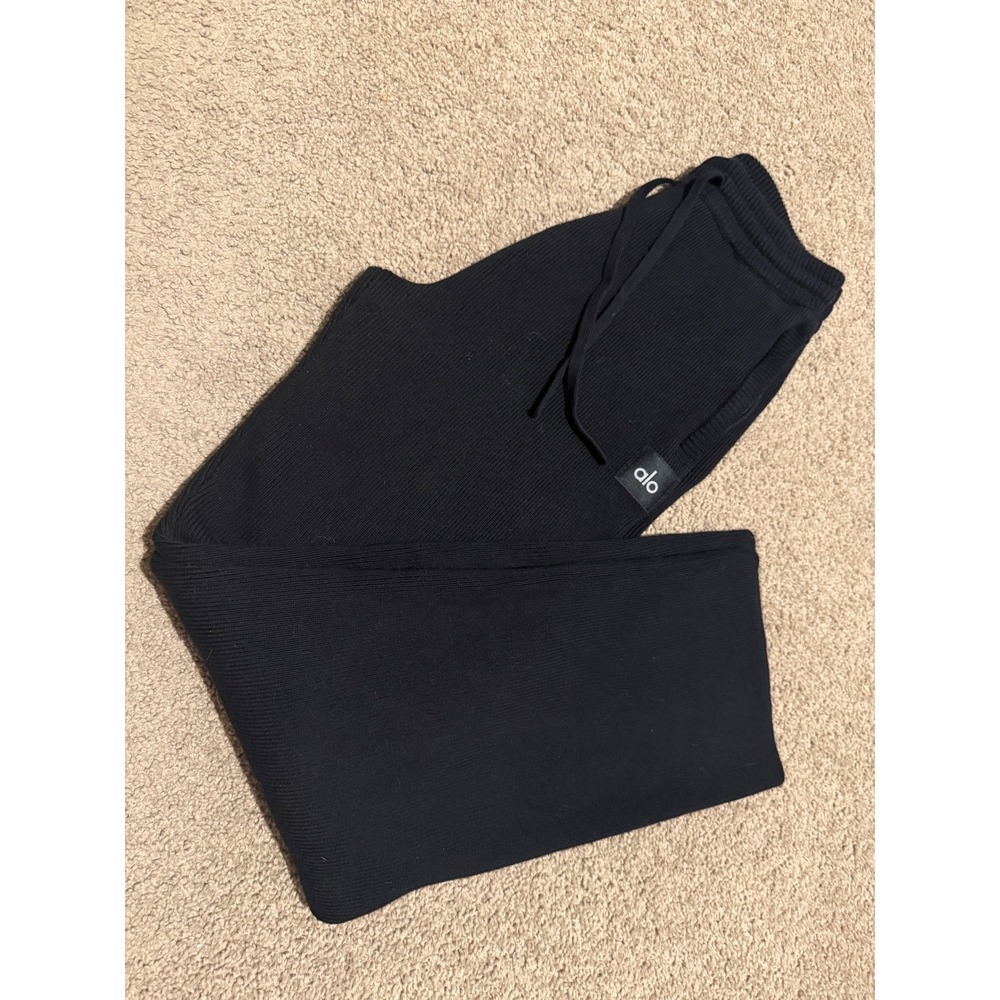 Alo Yoga Black Muse Ribbed Knit Wide Leg Lounge Pants Drawstring Joggers